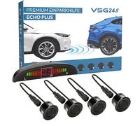 VSG24 Premium Einparkhilfe VORNE mit Display zum nachrüsten am Auto, PDC Parksensoren hinten mit Stecksystem für einfachste Montage - 4 Rückfahrwarner Sensoren Parkhilfe Nachrüstsatz Schwarz