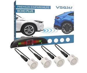 VSG24 Premium Einparkhilfe VORNE mit Display zum nachrüsten am Auto, PDC Parksensoren hinten mit Stecksystem für einfachste Montage - 4 Rückfahrwarner Sensoren Parkhilfe Nachrüstsatz Weiß