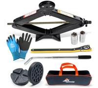 Wagenheber-Set 3T | Scherenwagenheber mit Kreuznut- & Flachauflage Car Jack | +2,5 cm Hubhöhe, Flachauflage für niedrige Fahrzeuge, Radschlüssel, Aufbewahrungstasche, Reifenwechsel, Auto-Notfallset