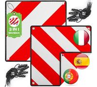 Warmfay Warntafel für Italien Spanien Portugal Fahrradträger, 3 In 1 Alu Rot Weiß Reflektierend Warnschild 50x50CM mit Spannseile, Zertifizierte für Fahrradträger Heckträger Auto Wohnmobil (2 Stück)