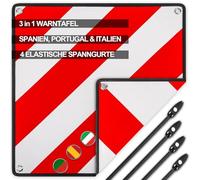 Warntafel für Italien Spanien und Portugal Fahrradträger, 3 In 1 Alu Rot Weiß Reflektierend Warnschild, für Wohnmobil, Fahrradträger, Wohnwagen mit 4X Spannseile 50x50CM