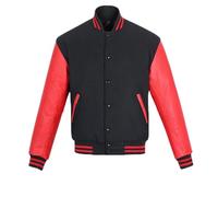 warrior gears Herren-Unijacken mit Wollkörper und Lederärmeln, klassische Retro-Letterman-Motorrad-Bomberjacke im Streifenstil, Wollkörper und Lederärmel, Schwarz und Rot - 3XL