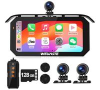WEUASTE Motorrad-Dashcam: kabelloses Motorrad-Carplay, Android Auto, Motorrad TPMS, 25 Zoll wasserdichter Touchscreen, Dual HD 1080P Kameras, SD-128 GB