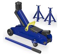 Wiltec Set aus Wagenheber + 2 Unterstellböcke, bis 2 t Hubkraft, Hubhöhe Wagenheber 135-335 mm, Arbeitshöhe Böcke 270-365 mm, Abstellböcke klappbar