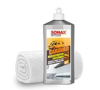 Wohnmobil Regenstreifen Entferner Set | Sonax Caravan Regenstreifenentferner 500ml + Mikrofasertuch | schleifmittelhaltiger Intensivreiniger zur Entfernung von Regenstreifen auf Lack und GfK