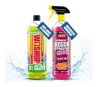 WOSHUP! Wohnwagen Reiniger mit Xtra Skin Schutzfilm 1L Konzentrat + 1L High Power Regenstreifen Killer Auto Reiniger für Camping, Caravan, Wohnmobil, Markise, GFK und Aluminium