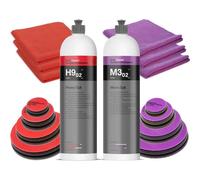 Zwei Schritt Politur Set: Koch Chemie Heavy Cut + Micro Cut + Polierpads & Mikrofasertücher - 250ml mit allen Polierpad Größen